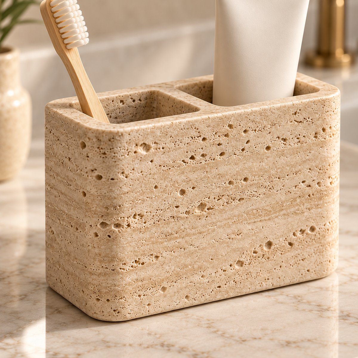 Close-up detail of beige bathroom toothbrush holder