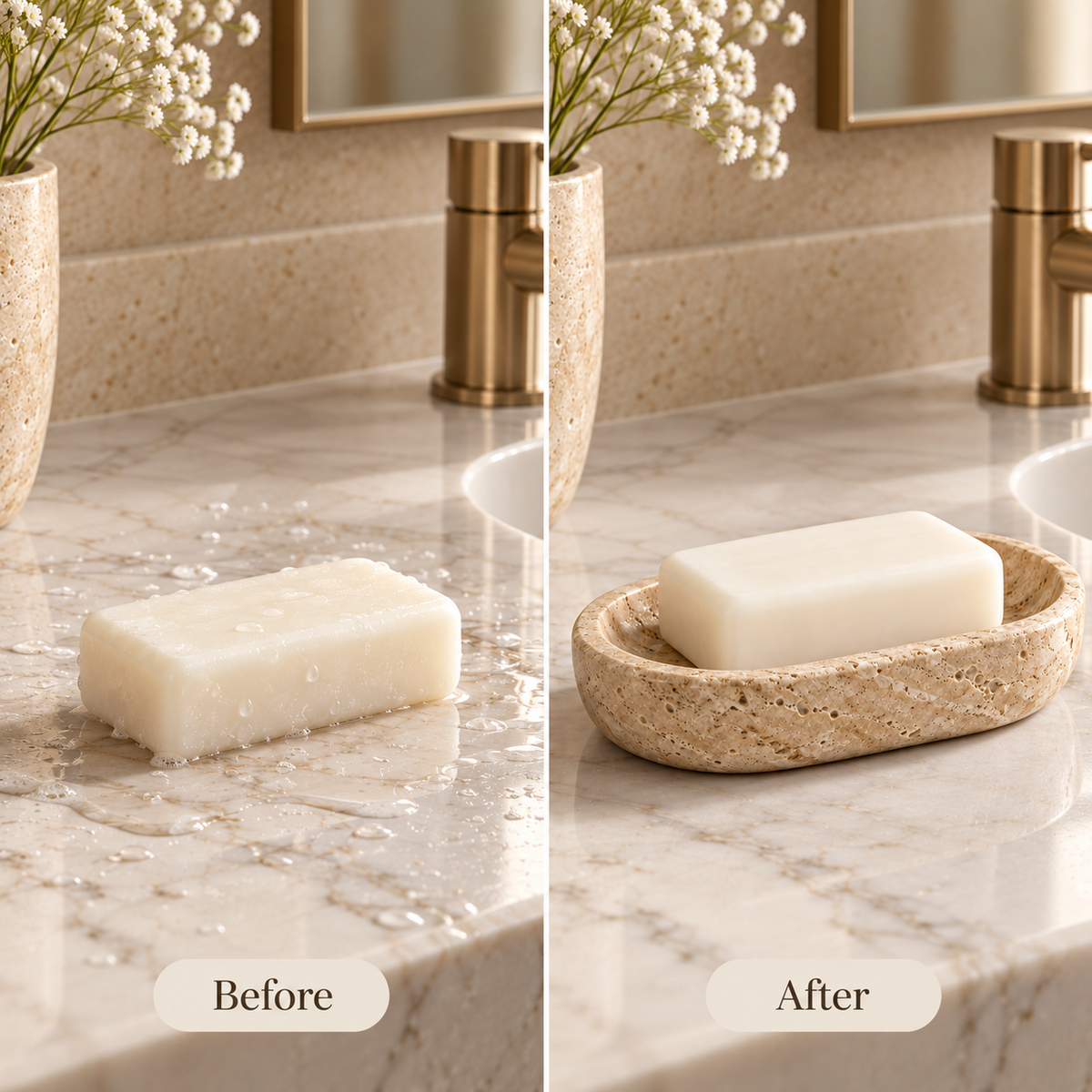 Bathroom vanity organization before and after using a soap dish