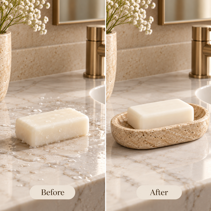 Bathroom vanity organization before and after using a soap dish