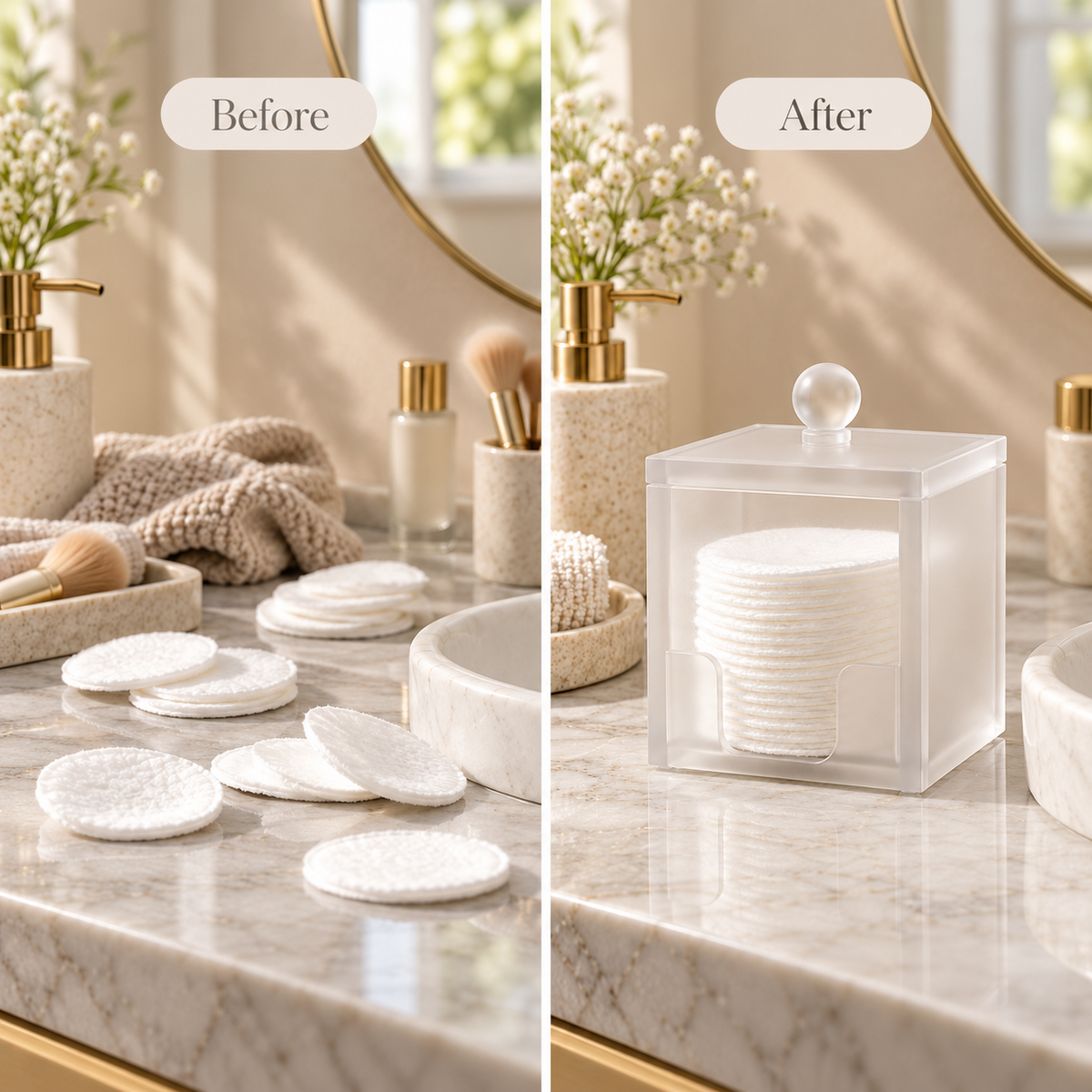 Bathroom cotton pad dispenser access and use detail