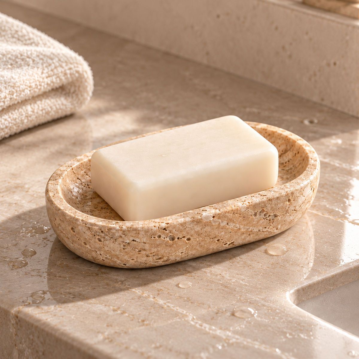 Close-up detail of beige stone-inspired soap dish