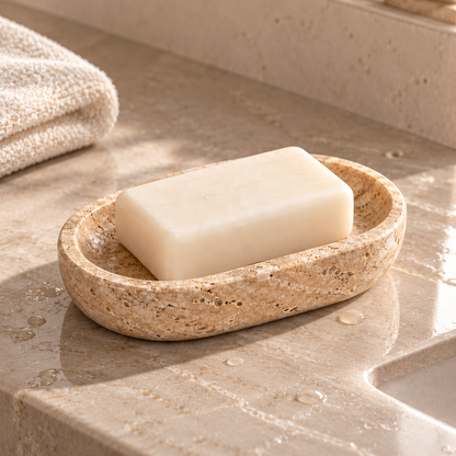 Close-up detail of beige stone-inspired soap dish