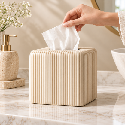 Beige ribbed bathroom tissue box cover product view