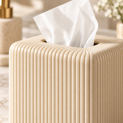 Close-up detail of ribbed beige tissue box cover