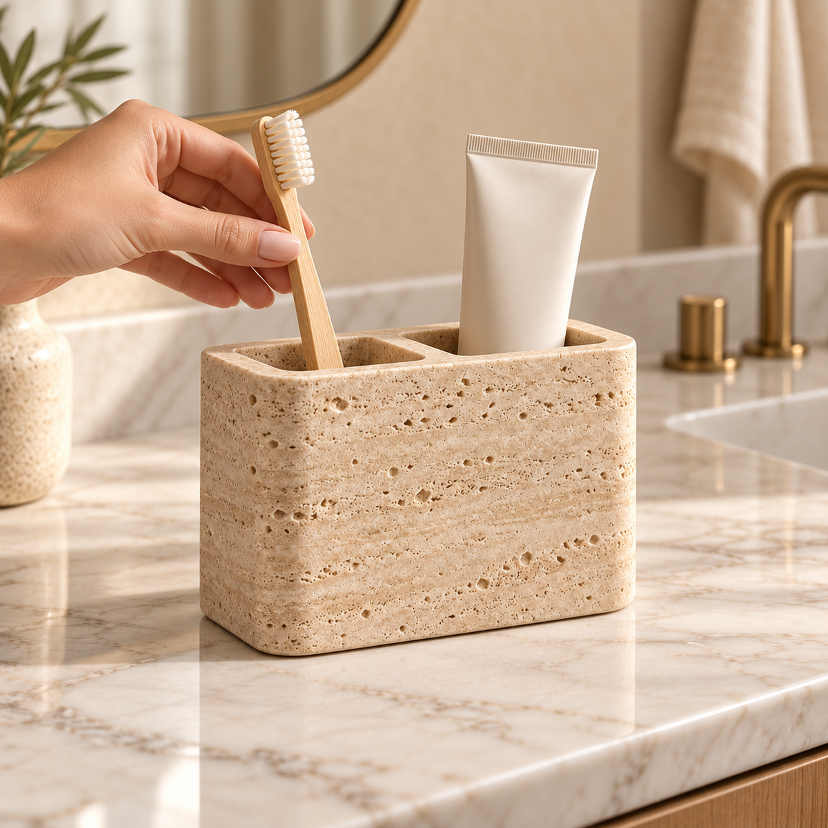 Beige bathroom toothbrush holder shown in use