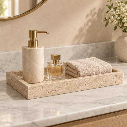 Luxury-style bathroom accessory set styled on a vanity