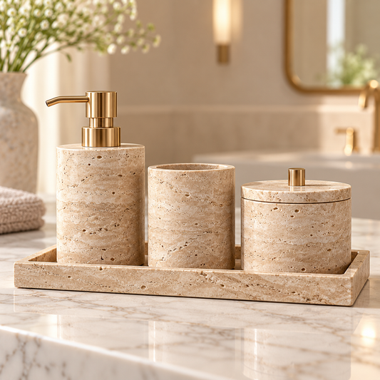 Luxury beige bathroom vanity accessory set styled on a countertop