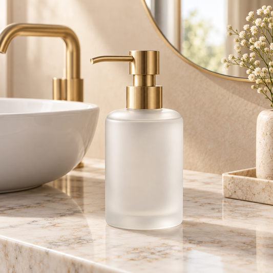 Luxury beige bathroom soap dispenser styled on a vanity