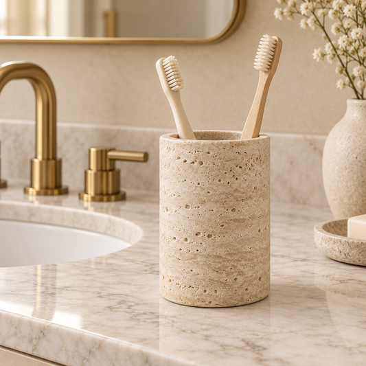 Luxury beige bathroom toothbrush holder styled on a vanity