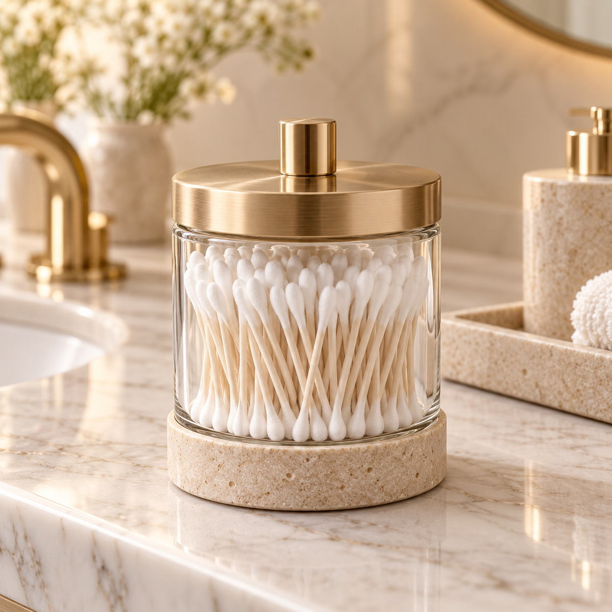 Luxury beige bathroom storage jar styled on a vanity
