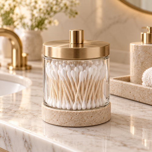 Luxury beige bathroom storage jar styled on a vanity