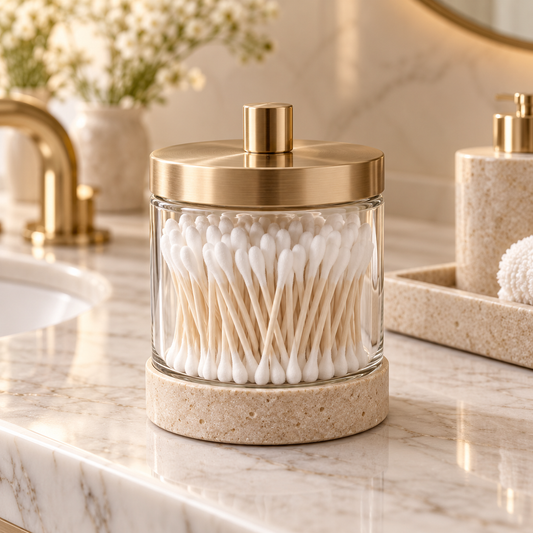 Luxury beige bathroom storage jar styled on a vanity