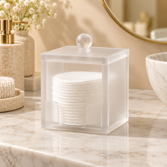 Luxury beige bathroom cotton pad dispenser styled on a vanity