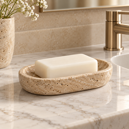 Luxury beige soap dish styled on a bathroom vanity