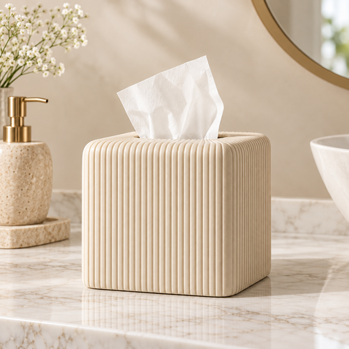 Luxury beige ribbed tissue box cover styled on a bathroom vanity