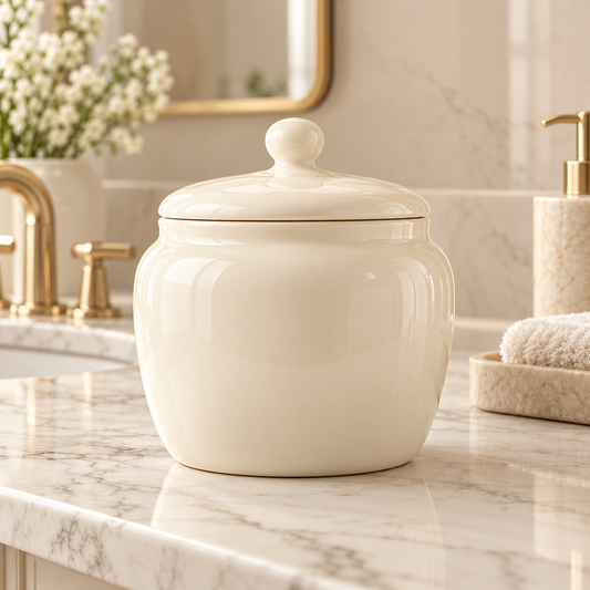 Luxury beige bathroom storage canister styled on a vanity