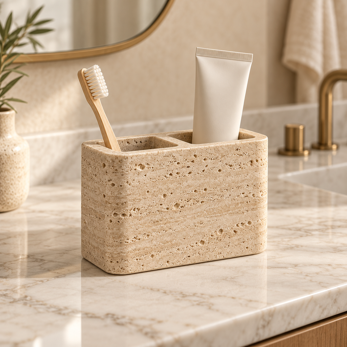 Luxury beige bathroom toothbrush holder styled on a vanity